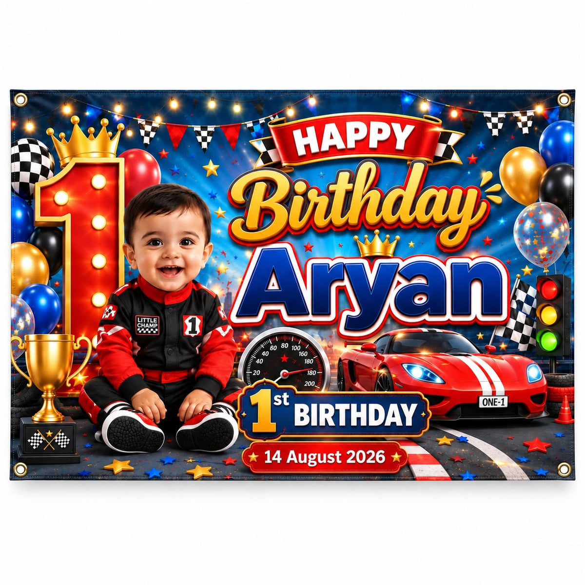 Customized 1st Birthday Banner for Baby Boy with Racing Car Theme