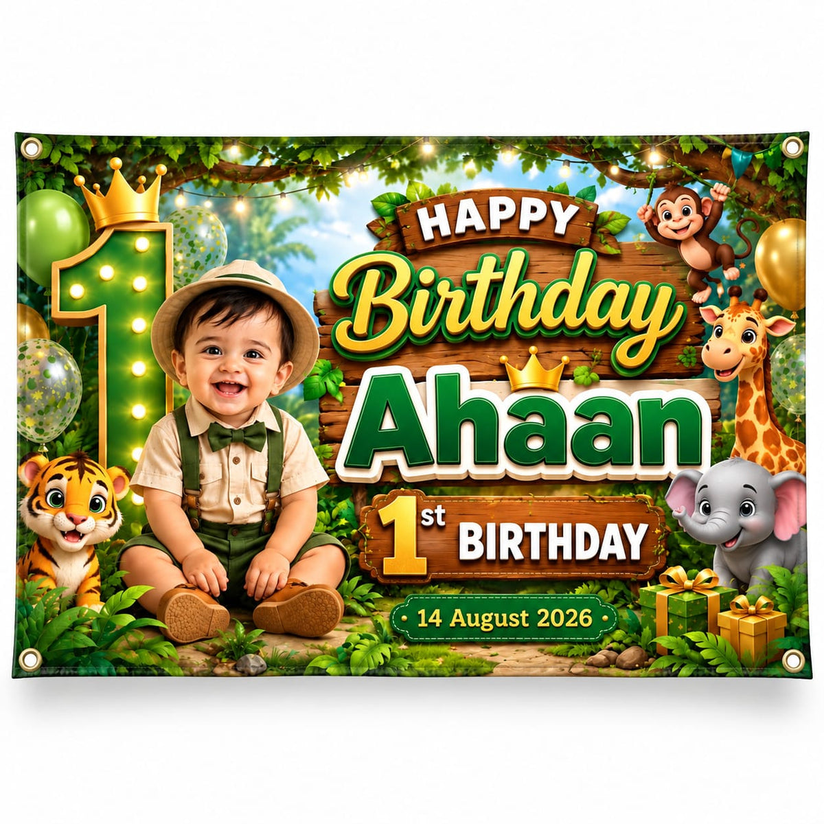 Customized 1st Birthday Banner for Baby Boy with Jungle Theme