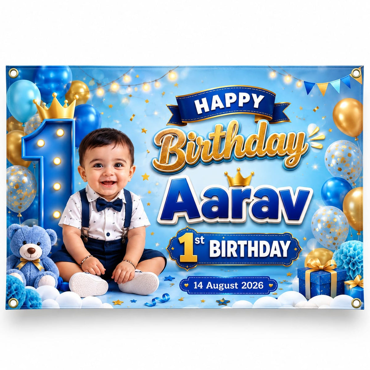 Customized 1st Birthday Banner for Baby Boy with Blue & Gold Theme