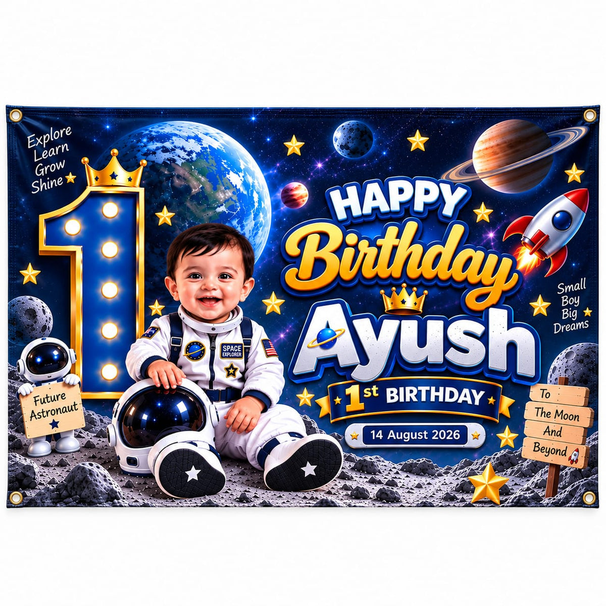 Customized 1st Birthday Banner for Baby Boy with Space Theme